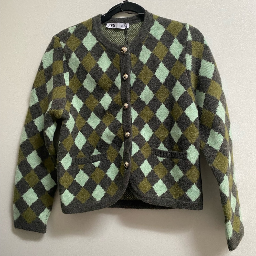 Zara Argyle Knit Jacquard Cardigan S - Picture 6 of 12